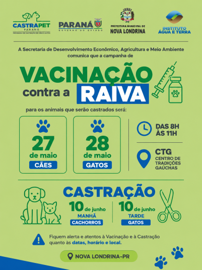 Nova Londrina promove vacinação antirrábica e castração de cães e gatos