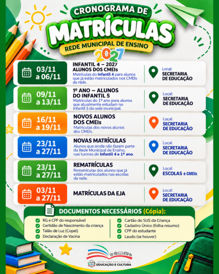 Cronograma de Matrículas da Rede Municipal de Ensino 2027
