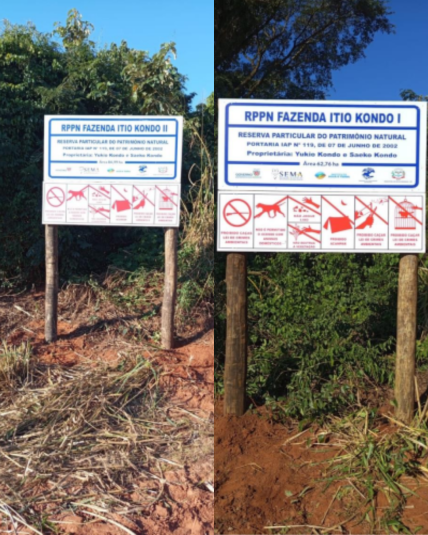 Placas de Indicação e Advertência da RPPN (Reserva Particular do Patrimônio Natural) da Fazenda Itio Kondo I e II