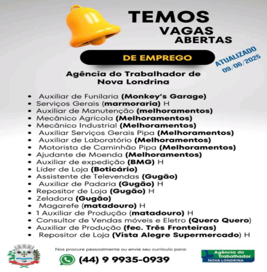 VAGAS DE EMPREGO - 09 DE JUNHO DE 2025